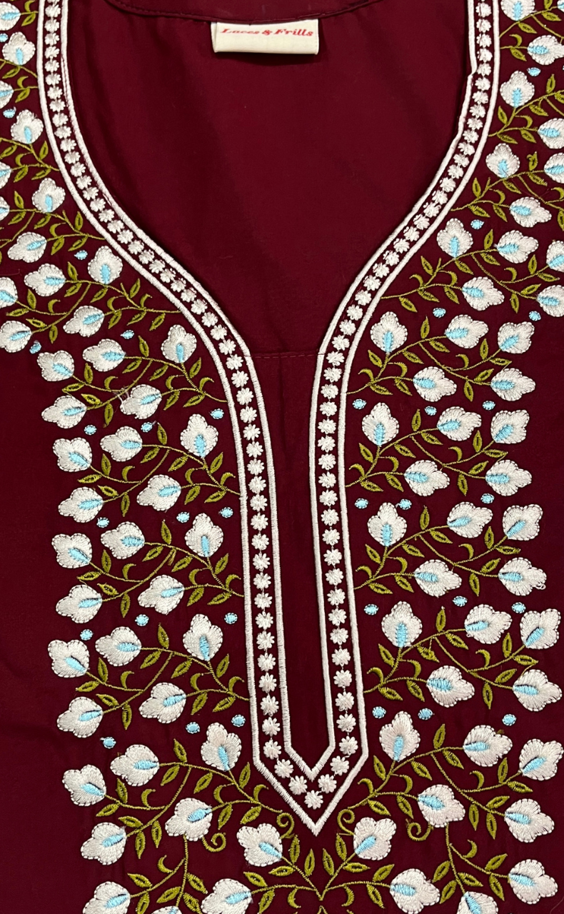 Maroon Embroidery Soft Cotton Nighty. Soft Breathable Fabric | Laces and Frills