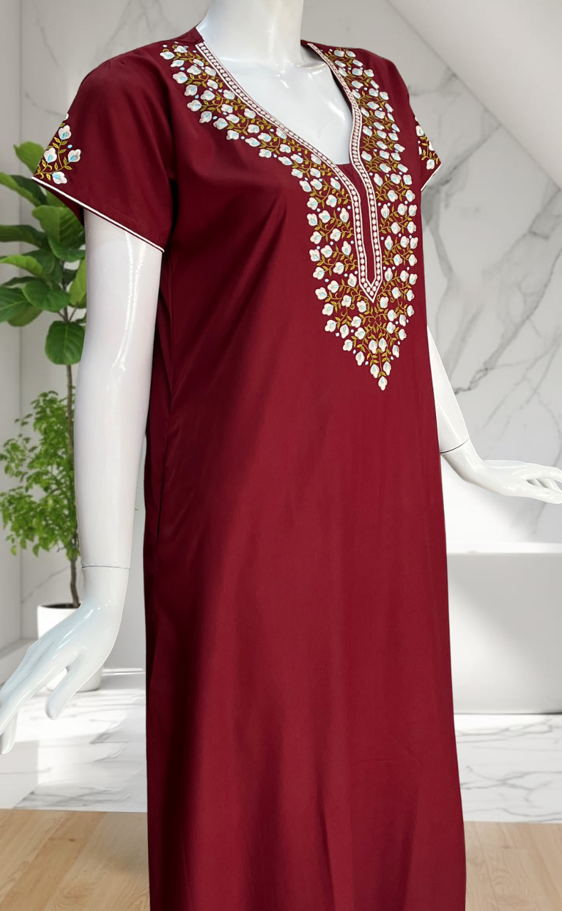 Maroon Embroidery Soft Cotton Nighty. Soft Breathable Fabric | Laces and Frills