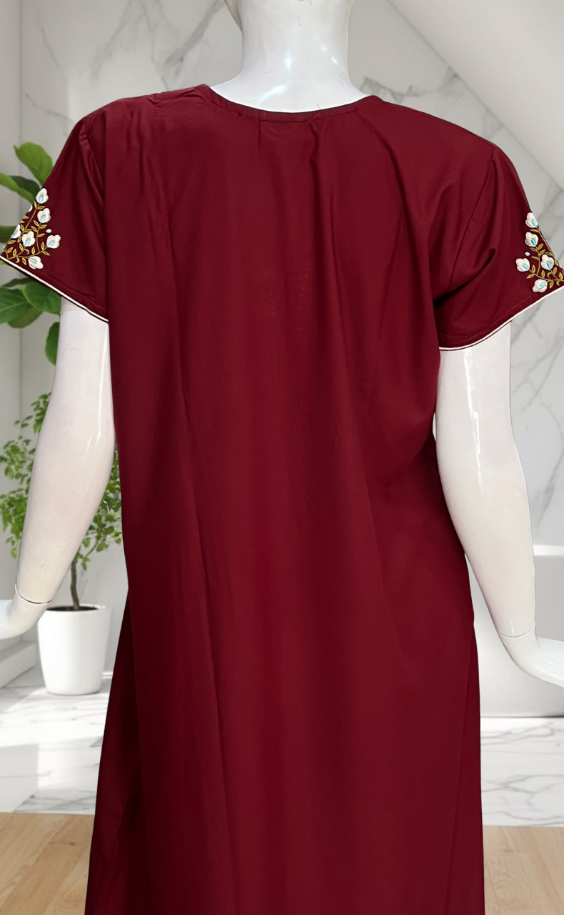 Maroon Embroidery Soft Cotton Nighty. Soft Breathable Fabric | Laces and Frills
