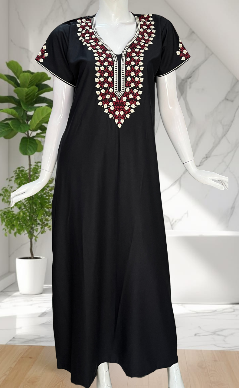 Black Embroidery Soft Cotton Nighty. Soft Breathable Fabric | Laces and Frills