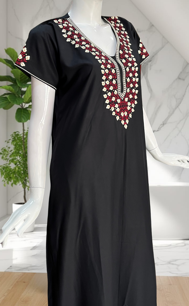 Black Embroidery Soft Cotton Nighty. Soft Breathable Fabric | Laces and Frills