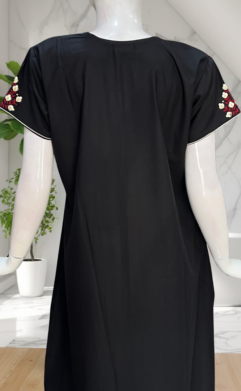 Black Embroidery Soft Cotton Nighty. Soft Breathable Fabric | Laces and Frills