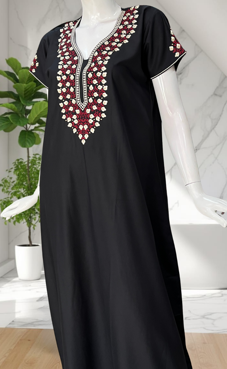 Black Embroidery Soft Cotton Nighty. Soft Breathable Fabric | Laces and Frills