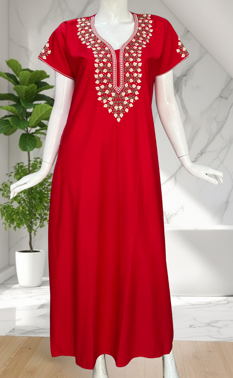 Red Embroidery Soft Cotton Nighty. Soft Breathable Fabric | Laces and Frills
