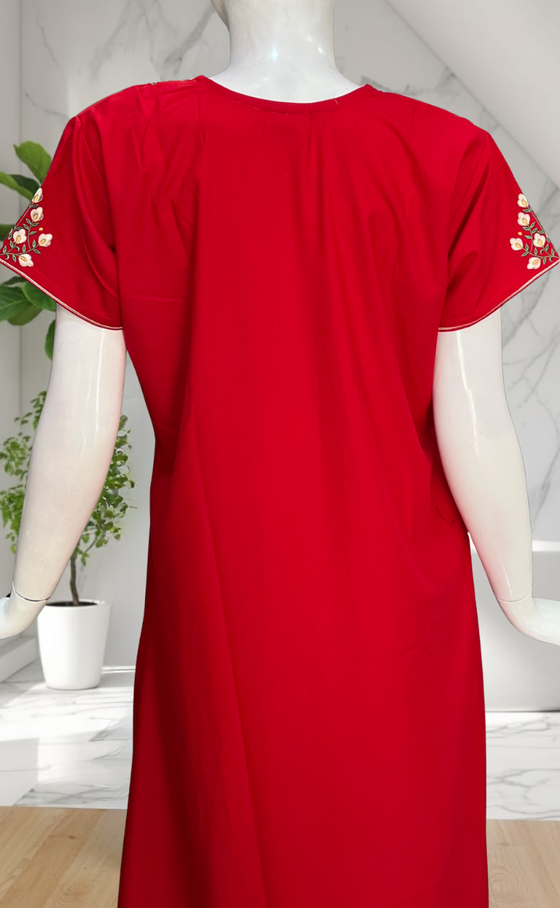 Red Embroidery Soft Cotton Nighty. Soft Breathable Fabric | Laces and Frills