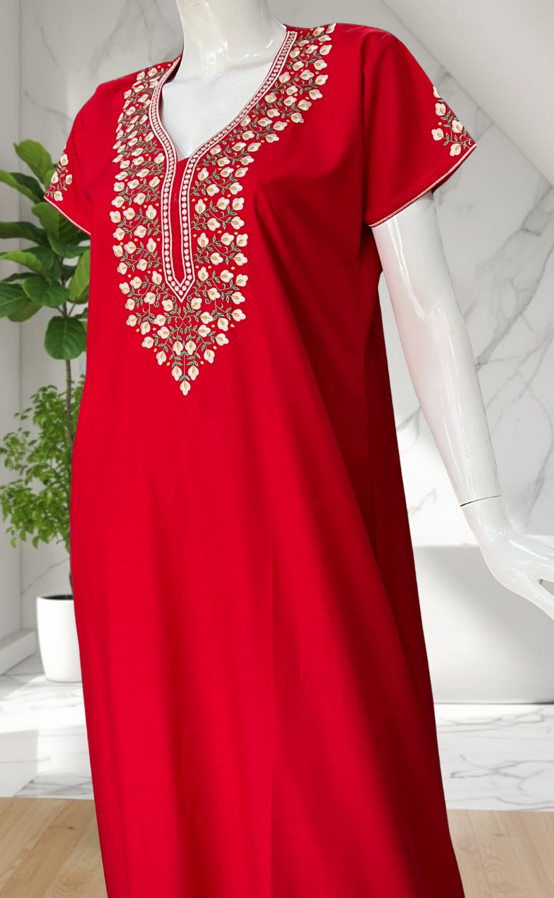Red Embroidery Soft Cotton Nighty. Soft Breathable Fabric | Laces and Frills