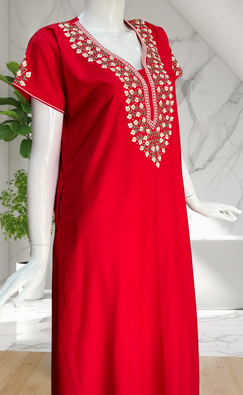 Red Embroidery Soft Cotton Nighty. Soft Breathable Fabric | Laces and Frills