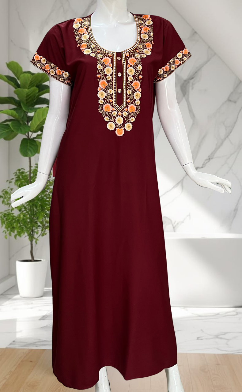 Maroon Embroidery Soft Cotton Nighty. Soft Breathable Fabric | Laces and Frills