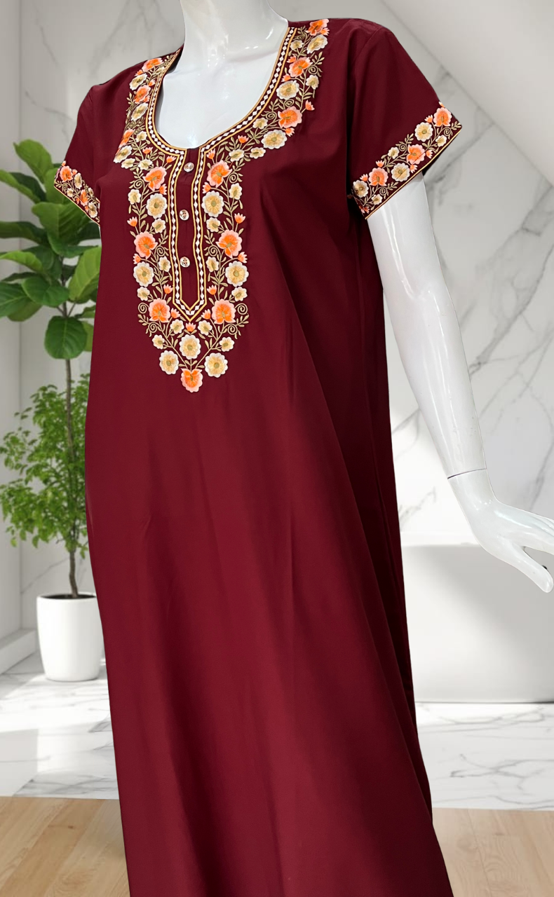 Maroon Embroidery Soft Cotton Nighty. Soft Breathable Fabric | Laces and Frills