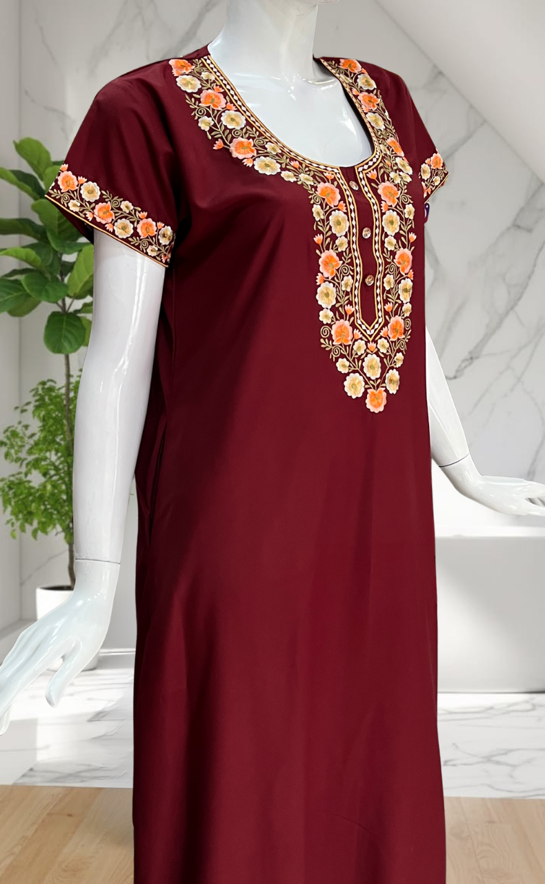 Maroon Embroidery Soft Cotton Nighty. Soft Breathable Fabric | Laces and Frills
