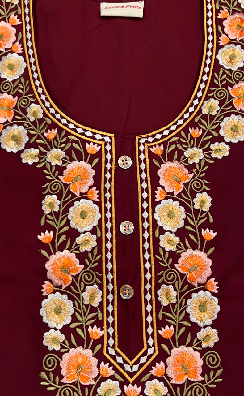 Maroon Embroidery Soft Cotton Nighty. Soft Breathable Fabric | Laces and Frills