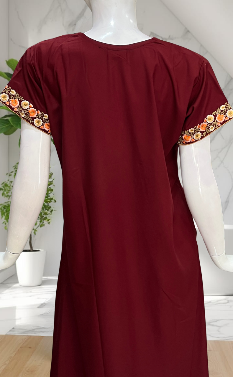 Maroon Embroidery Soft Cotton Nighty. Soft Breathable Fabric | Laces and Frills
