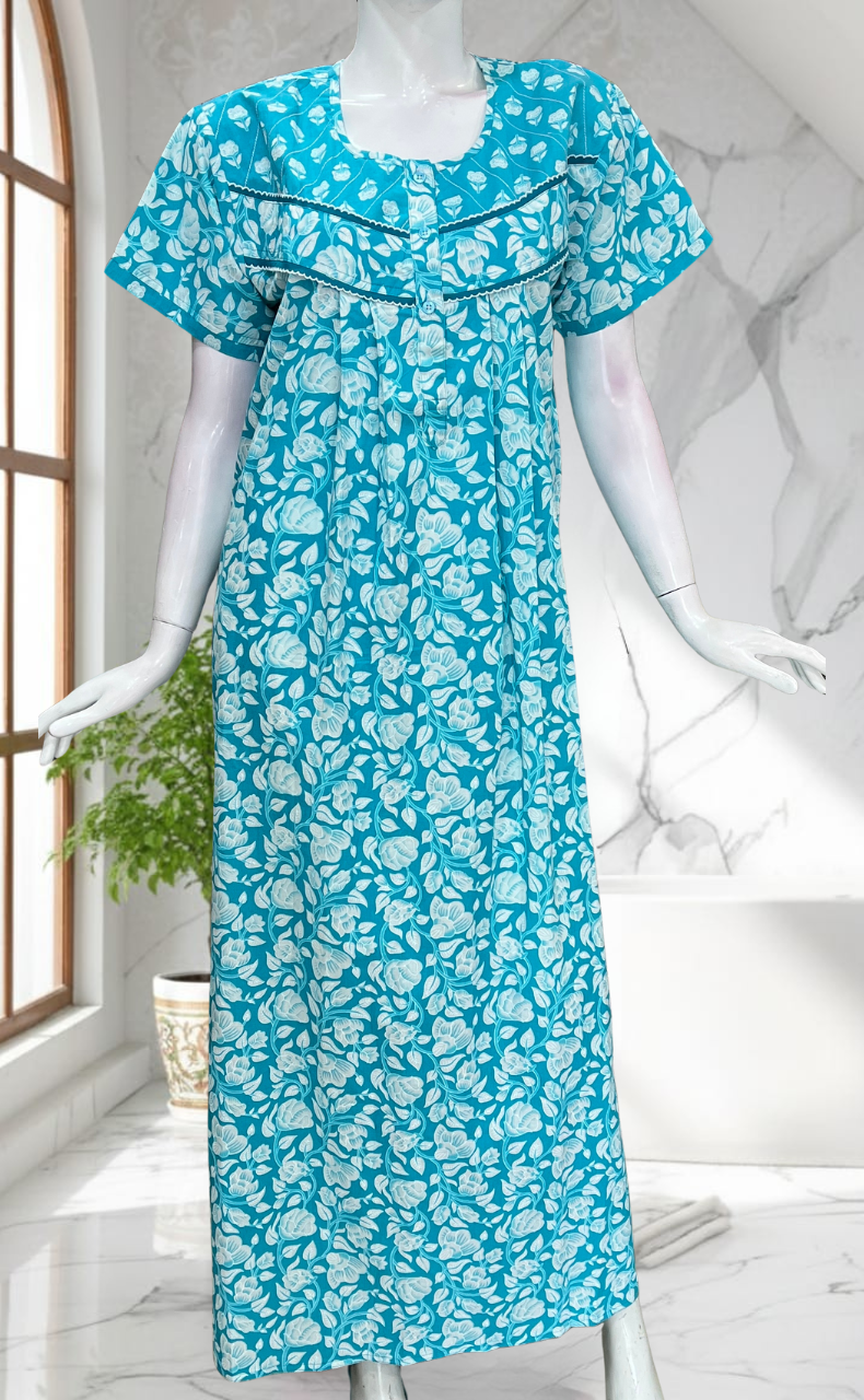 Sky Blue Garden Pure Cotton Nighty. Pure Durable Cotton | Laces and Frills