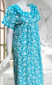 Sky Blue Garden Pure Cotton Nighty. Pure Durable Cotton | Laces and Frills