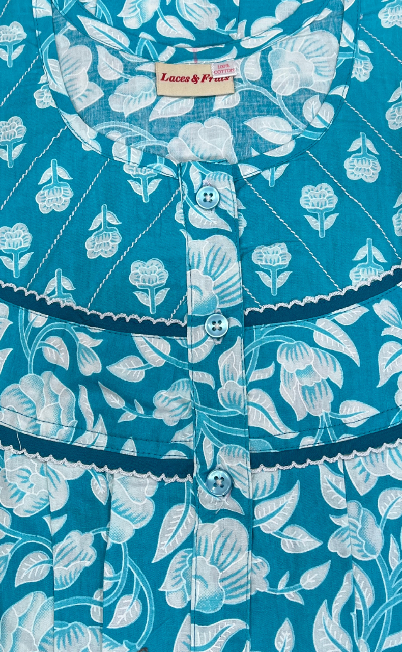 Sky Blue Garden Pure Cotton Nighty. Pure Durable Cotton | Laces and Frills