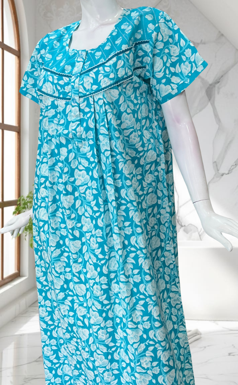 Sky Blue Garden Pure Cotton Nighty. Pure Durable Cotton | Laces and Frills
