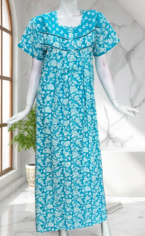 Sky Blue Garden Pure Cotton Nighty. Pure Durable Cotton | Laces and Frills