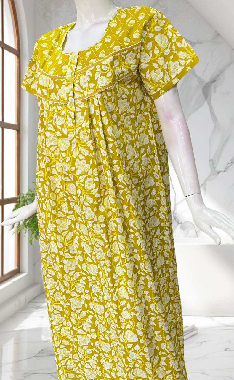 Yellow Garden Pure Cotton Nighty. Pure Durable Cotton | Laces and Frills