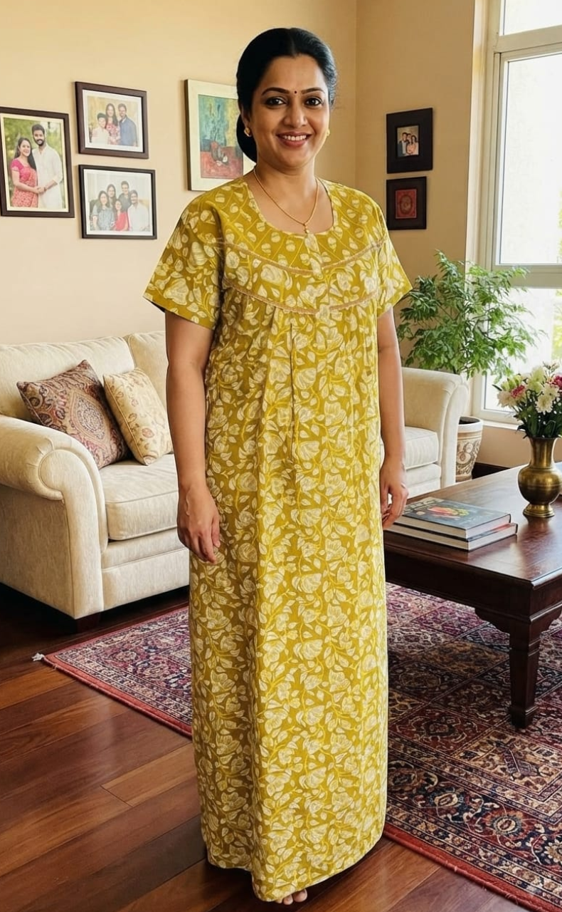 Yellow Garden Pure Cotton Nighty. Pure Durable Cotton | Laces and Frills