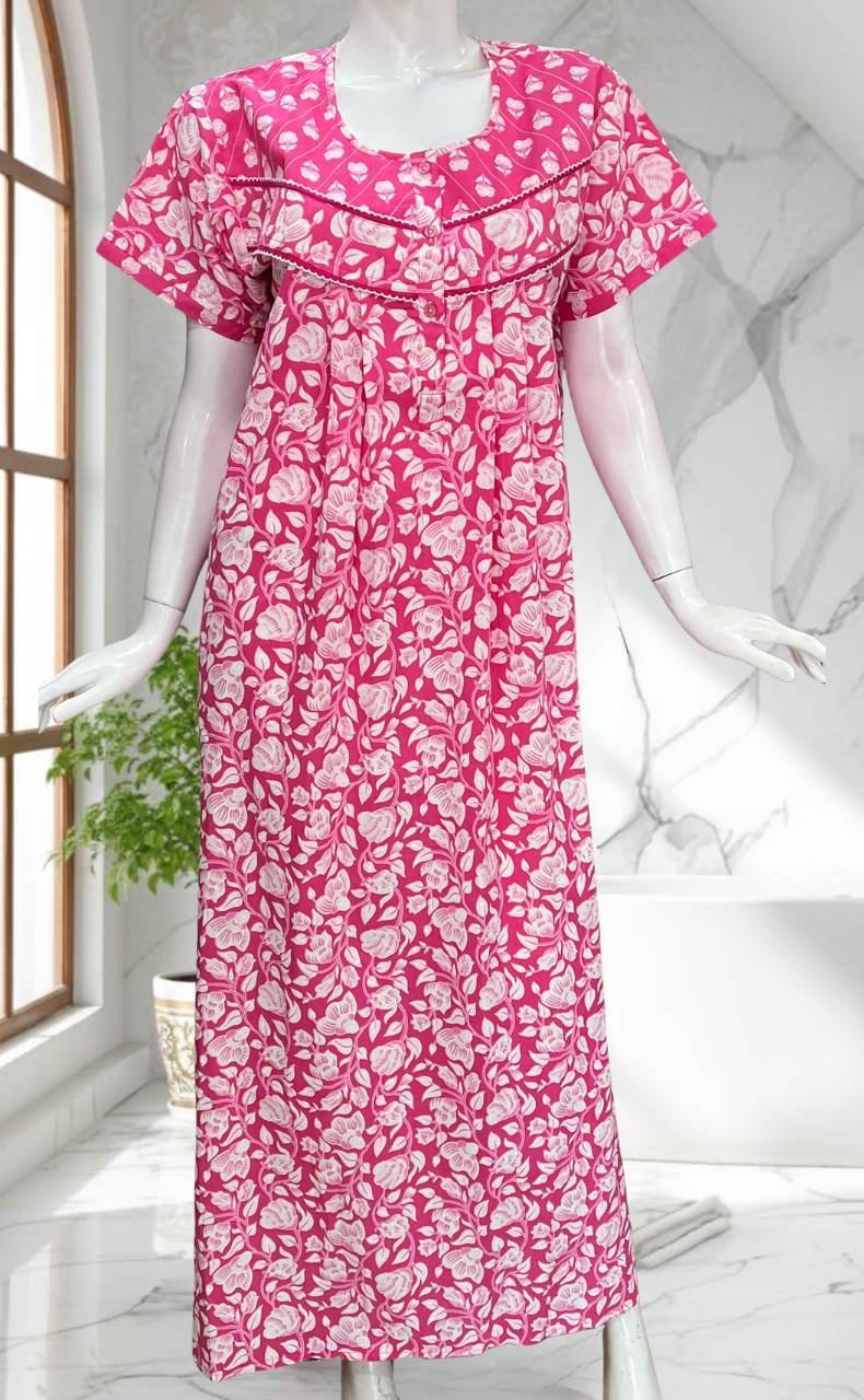 Pink Garden Pure Cotton Nighty. Pure Durable Cotton | Laces and Frills