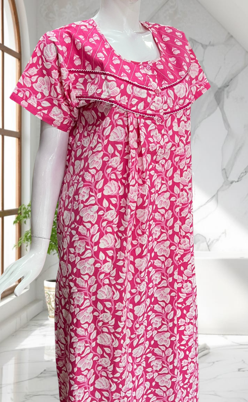Pink Garden Pure Cotton Nighty. Pure Durable Cotton | Laces and Frills