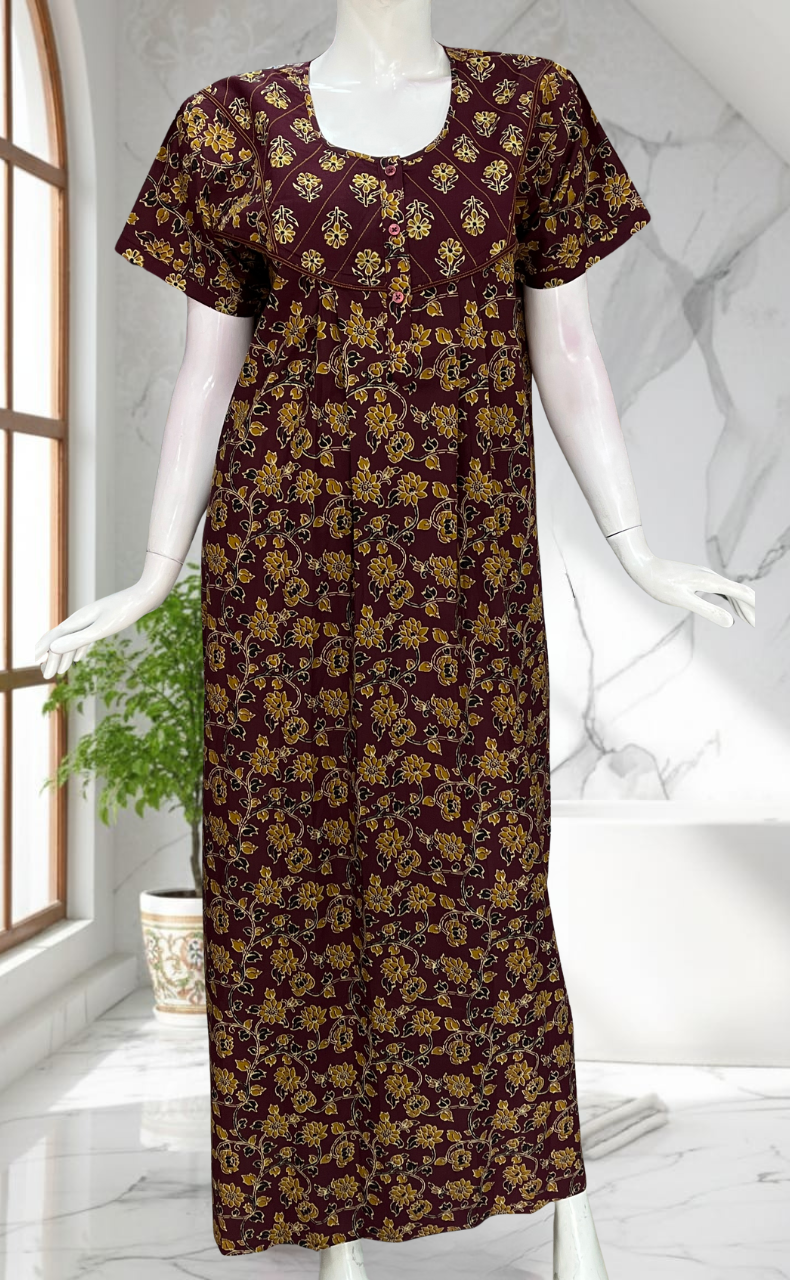 Wine Colour Floral Pure Cotton Nighty. Pure Durable Cotton | Laces and Frills