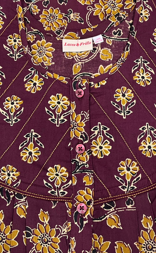 Wine Colour Floral Pure Cotton Nighty. Pure Durable Cotton | Laces and Frills