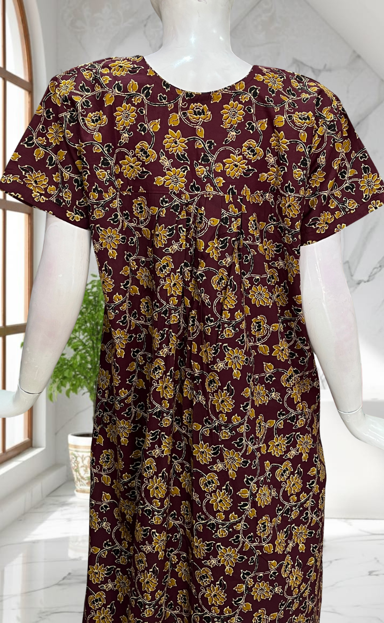 Wine Colour Floral Pure Cotton Nighty. Pure Durable Cotton | Laces and Frills