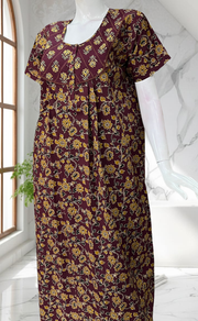 Wine Colour Floral Pure Cotton Nighty. Pure Durable Cotton | Laces and Frills