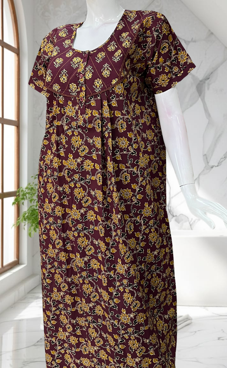 Wine Colour Floral Pure Cotton Nighty. Pure Durable Cotton | Laces and Frills