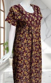 Wine Colour Floral Pure Cotton Nighty. Pure Durable Cotton | Laces and Frills