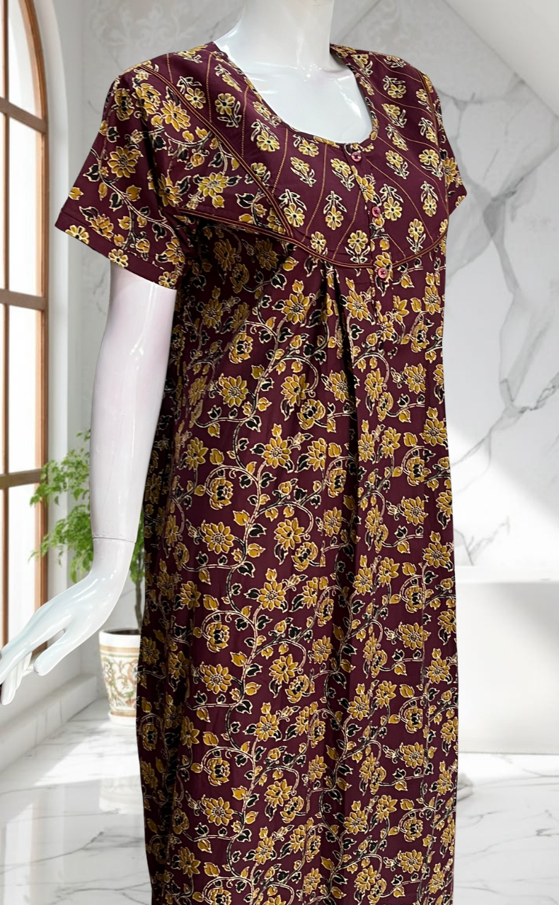 Wine Colour Floral Pure Cotton Nighty. Pure Durable Cotton | Laces and Frills