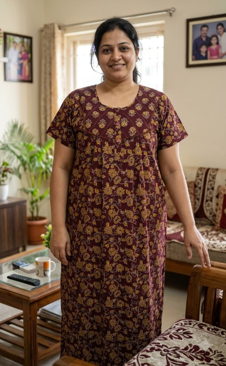 Wine Colour Floral Pure Cotton Nighty. Pure Durable Cotton | Laces and Frills - Laces and Frills