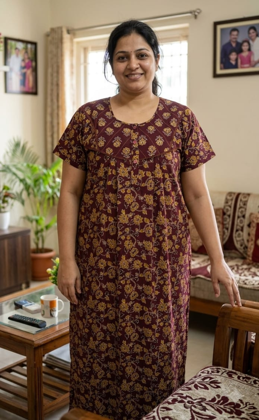 Wine Colour Floral Pure Cotton Nighty. Pure Durable Cotton | Laces and Frills - Laces and Frills