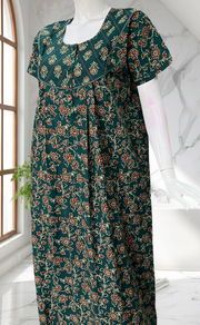Teal Green Floral Pure Cotton Nighty. Pure Durable Cotton | Laces and Frills