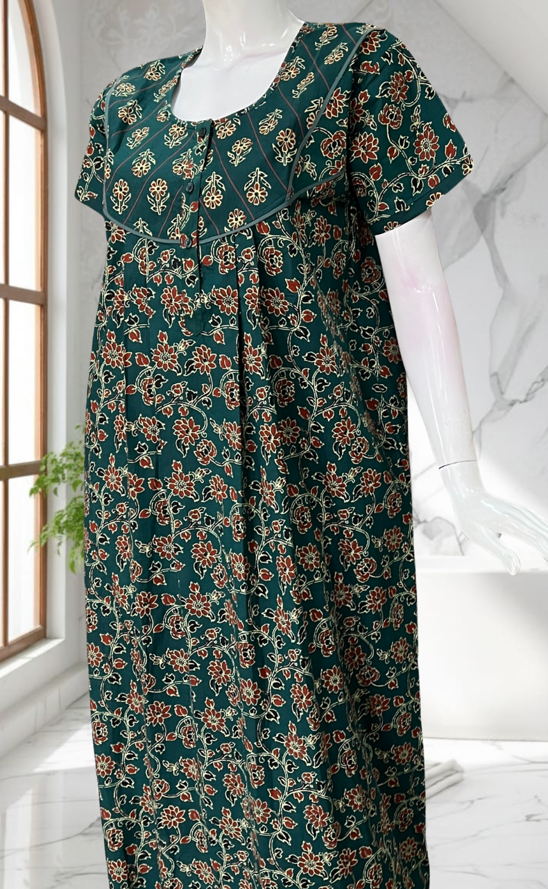 Teal Green Floral Pure Cotton Nighty. Pure Durable Cotton | Laces and Frills