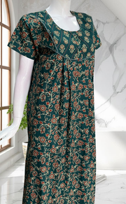 Teal Green Floral Pure Cotton Nighty. Pure Durable Cotton | Laces and Frills
