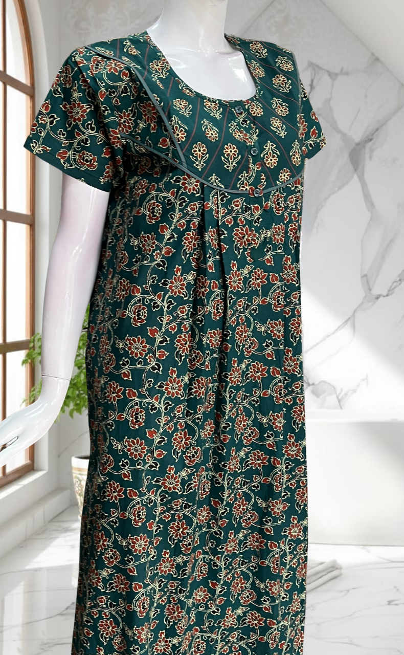 Teal Green Floral Pure Cotton Nighty. Pure Durable Cotton | Laces and Frills
