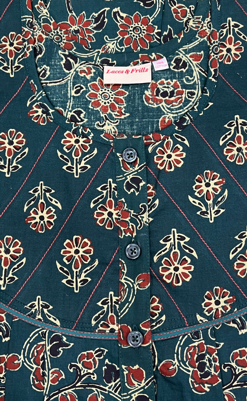 Teal Green Floral Pure Cotton Nighty. Pure Durable Cotton | Laces and Frills