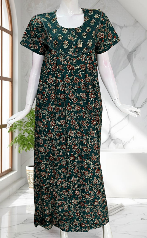 Teal Green Floral Pure Cotton Nighty. Pure Durable Cotton | Laces and Frills