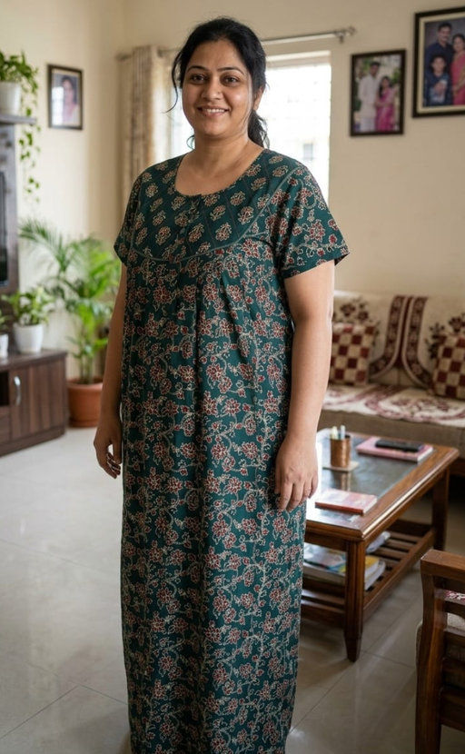 Teal Green Floral Pure Cotton Nighty. Pure Durable Cotton | Laces and Frills - Laces and Frills