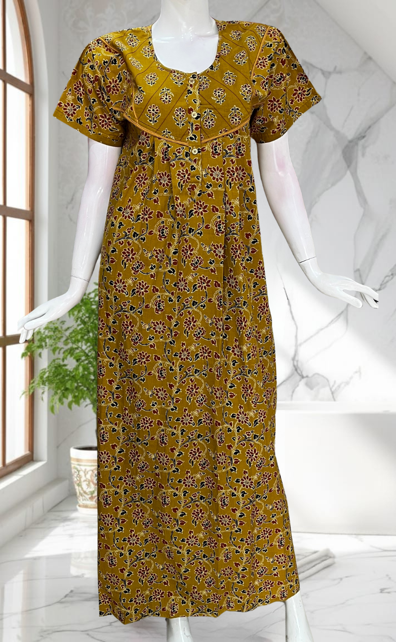 Mustard Yellow Floral Pure Cotton Nighty. Pure Durable Cotton | Laces and Frills