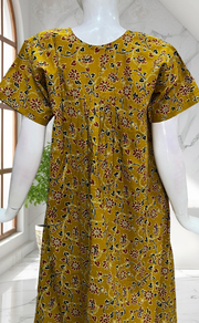 Mustard Yellow Floral Pure Cotton Nighty. Pure Durable Cotton | Laces and Frills