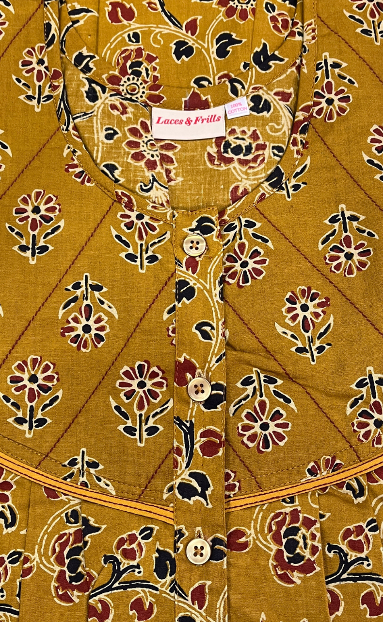 Mustard Yellow Floral Pure Cotton Nighty. Pure Durable Cotton | Laces and Frills