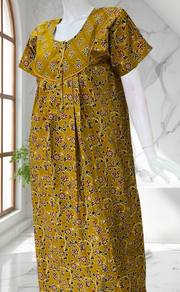 Mustard Yellow Floral Pure Cotton Nighty. Pure Durable Cotton | Laces and Frills