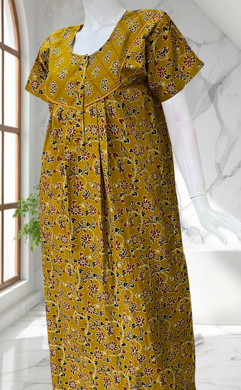 Mustard Yellow Floral Pure Cotton Nighty. Pure Durable Cotton | Laces and Frills