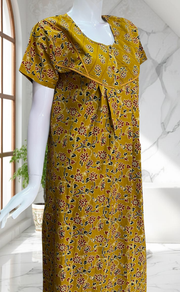 Mustard Yellow Floral Pure Cotton Nighty. Pure Durable Cotton | Laces and Frills