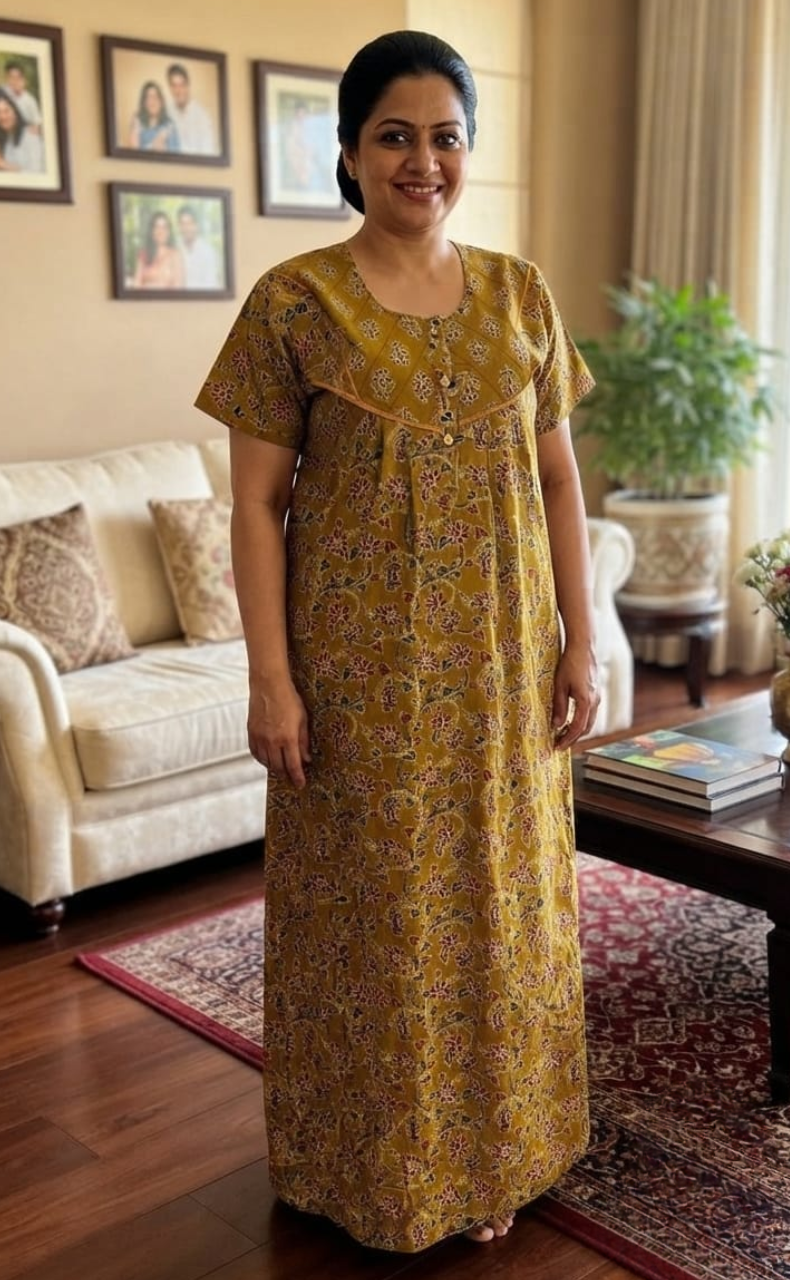 Mustard Yellow Floral Pure Cotton Nighty. Pure Durable Cotton | Laces and Frills