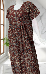 Dark Brown Floral Pure Cotton Nighty. Pure Durable Cotton | Laces and Frills