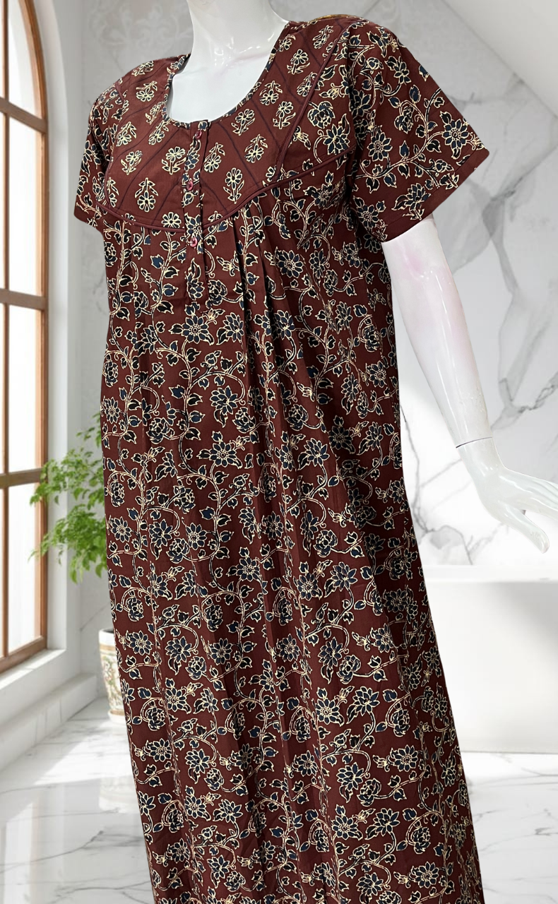 Dark Brown Floral Pure Cotton Nighty. Pure Durable Cotton | Laces and Frills